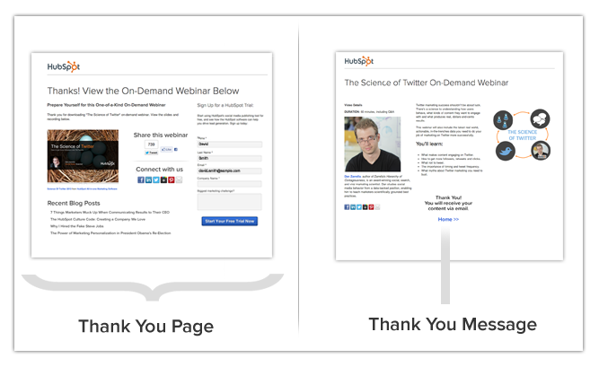 Hubspot Thank You Page vs Thank you message